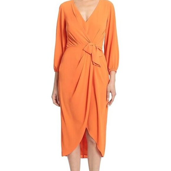 NEW Maggy London Women's Long Sleeve V-Neck Faux Wrap Crepe Dress sz 6 orange - Picture 3 of 4